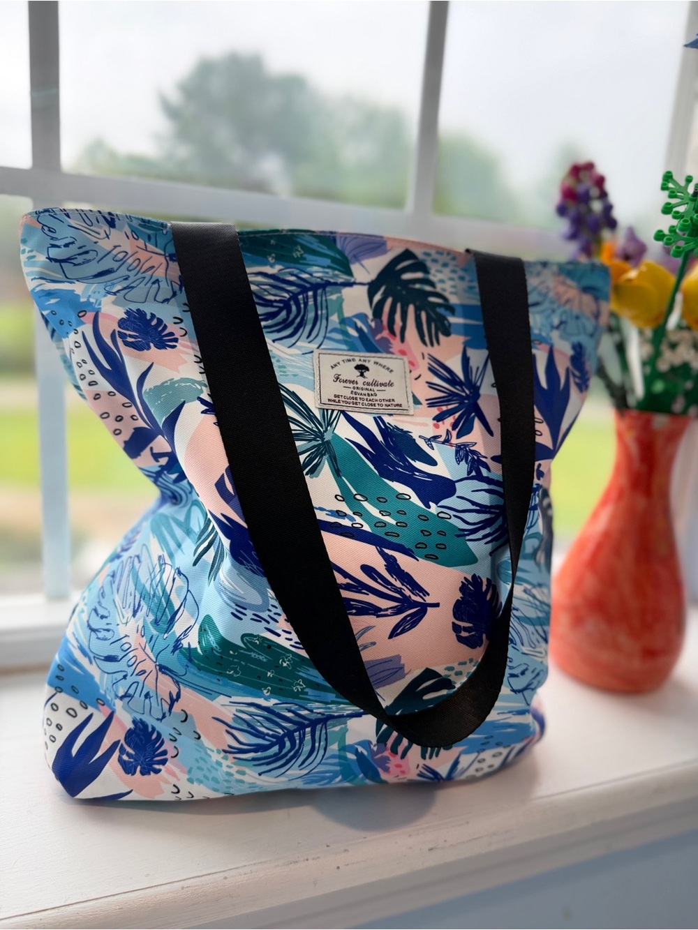 ESVAN BAG-Beach-Print Canvas Tote Bag with Black Straps